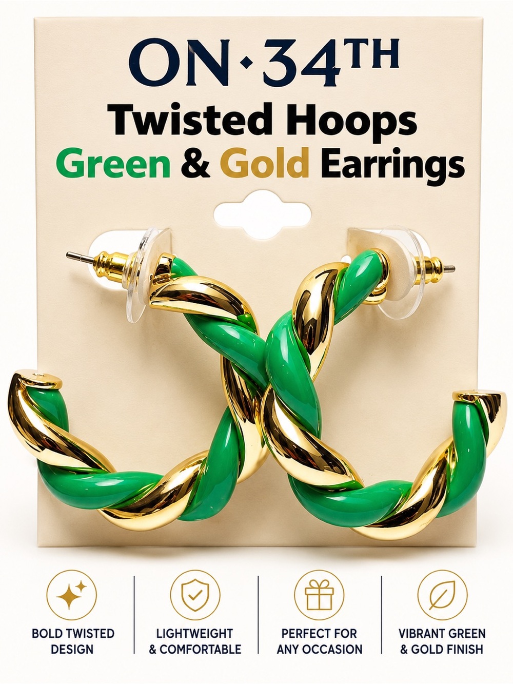 ON 34TH Green and Gold Twisted Hoop Earrings